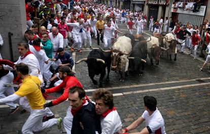 Toros de la ganadería de Fuente Ymbro durante su recorrido por el centro de Pamplona. 