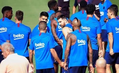 Messi, junto a Suárez, Alba y Vidal, en el entrenamiento en Sant Joan Despí.