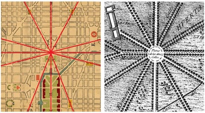 Similitudes de las 12 avenidas. A la izquierda, plano realizado por Pierre L'Enfant para Washington en 1791. A la derecha, plano de las 12 calles de Aranjuez en 1775. 