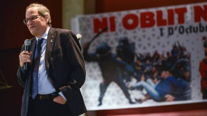 El president de la Generalitat, Quim Torra, este domingo en Bescanó (Girona).
