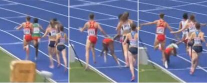 Al encarar la última curva, Natalia Rodríguez (a la izquierda) se lanza a pasar por el carril interior de la pista y tropieza con la etíope Gelete Burka, que cae al suelo mientras ella pisa el césped.