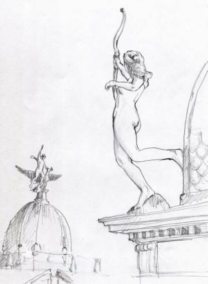 Dibujo de Natividad Sánchez, la escultura de Diana, en el que se ve que la cazadora apunta al Ave Fénix que ha raptado a su amado.