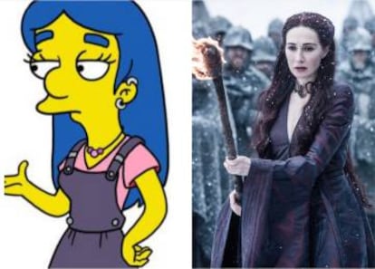 A la izquierda, el personaje de 'Los Simpson' basado en Melisandre (Carice Van Houten) que crearon los guionistas de la serie. A la derecha, Melisandre haciendo de las suyas en 'Juego de tronos'.