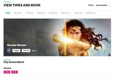 Gal Gadot como Wonder Woman en la p&aacute;gina web de un cine liban&eacute;s.