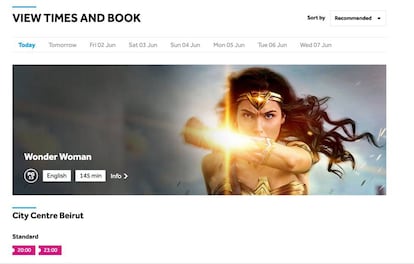 Gal Gadot como Wonder Woman en la p&aacute;gina web de un cine liban&eacute;s.