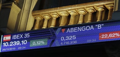 Monitor informativo en la bolsa de Madrid que muestra el Ibex 35.