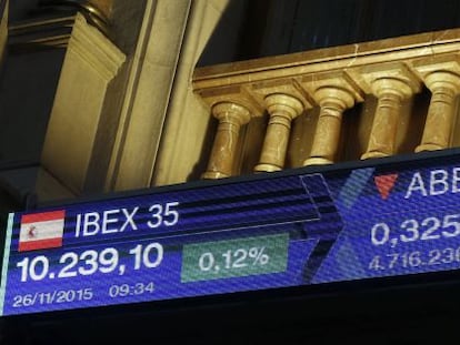 Monitor informativo en la bolsa de Madrid que muestra el Ibex 35.