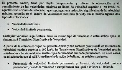 Anexo a la normativa de ADIF en la que se acuerda la instalación de balizas y señales en los puntos de transición significativa de velocidad.