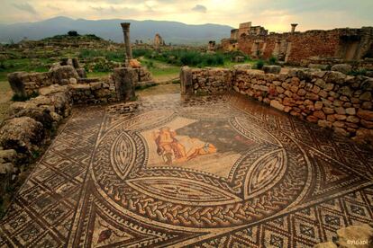 Mosaico en una casa romana en la antigua ciudad de Volubilis, en Marruecos.