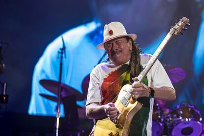 Guitarist Carlos Santana of Santana performs on stage at North Island Credit Union Amphitheatre on June 17, 2022 in Chula Vista, California.