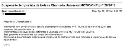 Email enviado pelo CNPQ para pesquisadores.