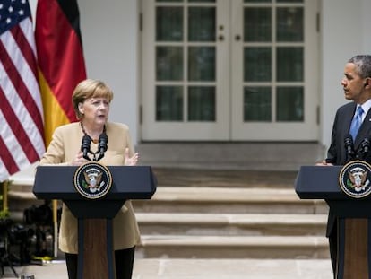 Angela Merkel em visita à Casa Branca, em maio.