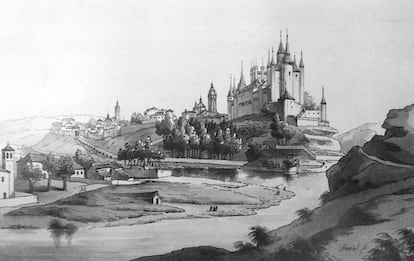 El alcázar de Segovia dibujado por José María Avrial y Flores en 1843.