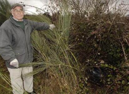 Un vecino muestra entre la maleza una perforación del terreno que evidencia que existe agua termal, en el lugar da Ponte do Y (Sarreaus).