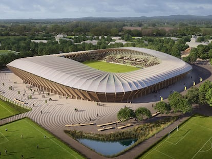 El Eco Park, que albergará al equipo Forest Green Rovers de la Cuarta División de Inglaterra, será el primer estadio de madera del mundo