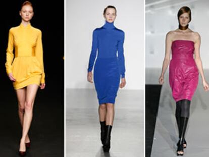 Desde la izquierda, el imperio de los colores planos entendido por los diseñadores Miriam Ocáriz, Jil Sander, Amaya Arzuaga, John Galliano para Dior y Emilio Pucci.