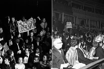 A la izda., un fotograma de la película que recrea el momento de la protesta (a la dcha., la imagen original de 1970).