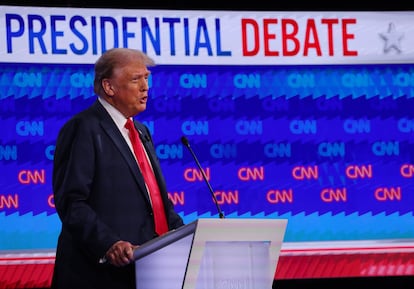 Donald Trump answers a question during the debate, on June 27, 2024 in Atlanta, Georgia.