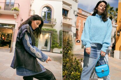 Bajo el lema «Icons are forever», en los Village podemos encontrar todos esos esenciales que hacen armario, reinventados con detalles que los hacen más personales. En la foto de la izquierda, la modelo lleva prendas de cuero de IRO, cazadora de Philipp Plein y pendientes Tous. En la derecha, falda vaquera de Maje, jersey de Pinko y bolso Furla. Disponibles en Las Rozas Village y La Roca Village.