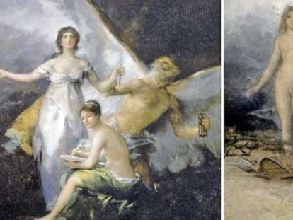 El cuadro 'La Verdad, el Tiempo y la Historia'; a la derecha, el boceto del cuadro.