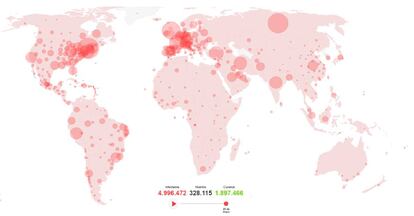 Mapa con los infectados, muertos y curados por coronavirus.