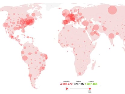 Mapa con los infectados, muertos y curados por coronavirus.