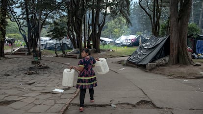Una joven va en busca de agua para el campamento, en diciembre de 2021 en el Parque Nacional.
