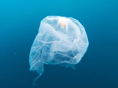 Una bolsa de pl&aacute;stico flota en las aguas de Gorontalo, Indonesia.&nbsp;