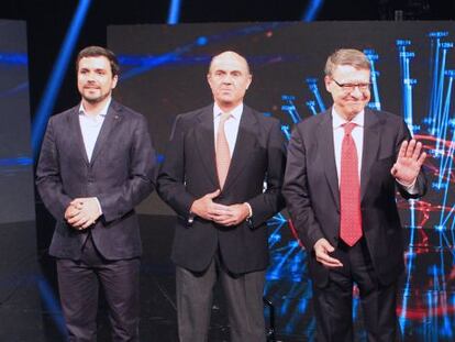 Los candidatos de (I-D) Unidos Podemos, Alberto Garz&oacute;n; del PP, Luis de Guindos; del PSOE, Jordi Sevilla; y de Ciudadanos, Luis Garicano, durante el debate econ&oacute;mico para las elecciones generales celebrado esta noche en La Sexta.