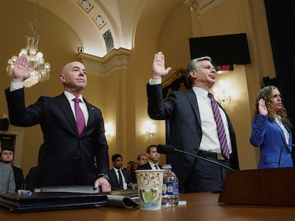 U.S. Homeland Security Secretary Alejandro Mayorkas, FBI Director Christopher Wray and National Counterterrorism Center Director Christine Abizaid during a House Homeland Security Committee hearing on Capitol Hill in Washington, November 15, 2023.