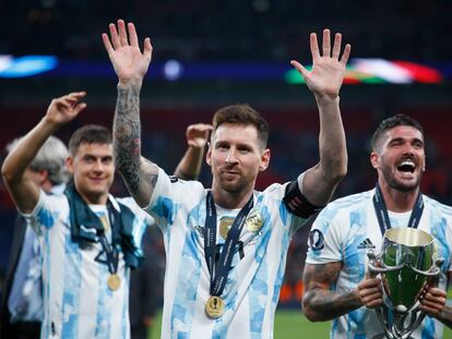 Lionel Messi celebra tras la victoria de Argentina en el partido de la Finalissima 2022 contra Italia, en Londres (Inglaterra), en junio de 2022.