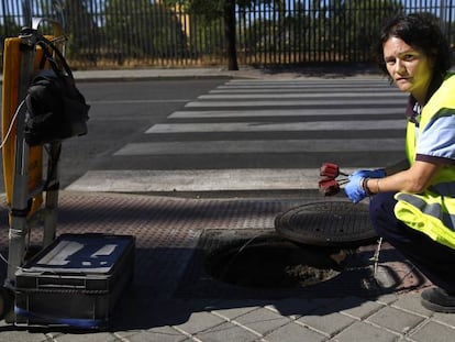 Pilar Torres, controladora de plagas, inspecciona una alcantarilla.