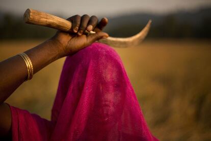 Una mujer india durante la cosecha del arroz en las afueras de Gauhati.