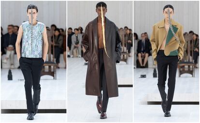 Tres de las nuevas propuestas de Jonathan Anderson para Louis Vuitton, presentadas en la semana de la moda masculina de París.