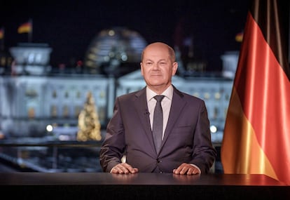 El canciller alemán, Olaf Scholz, durante el mensaje de Año Nuevo.