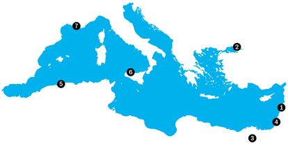 Capitales del arte del Mediterráneo: 1 Beirut,  2 Estambul, ,3 El Cairo, 4 Tel Aviv,  5 Argel, 6 Palermo, 7 Marsella