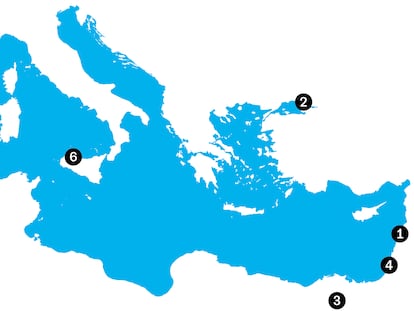 Capitales del arte del Mediterráneo: 1 Beirut,  2 Estambul, ,3 El Cairo, 4 Tel Aviv,  5 Argel, 6 Palermo, 7 Marsella