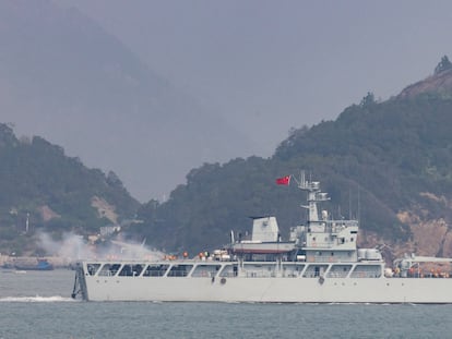 A Chinese warship fires towards the shore during a military drill near the Taiwan controlled Matsu Islands, China, April 8, 2023.