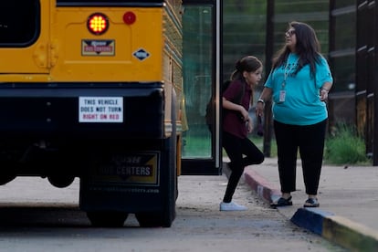 Students from Robb Elementary have been reassigned to Dalton Elementary and Uvalde Elementary in the same school district. Pictured above, a girl gets off a school bus for her first day at Uvalde Elementary.