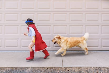 Un niño juega con su perro. 