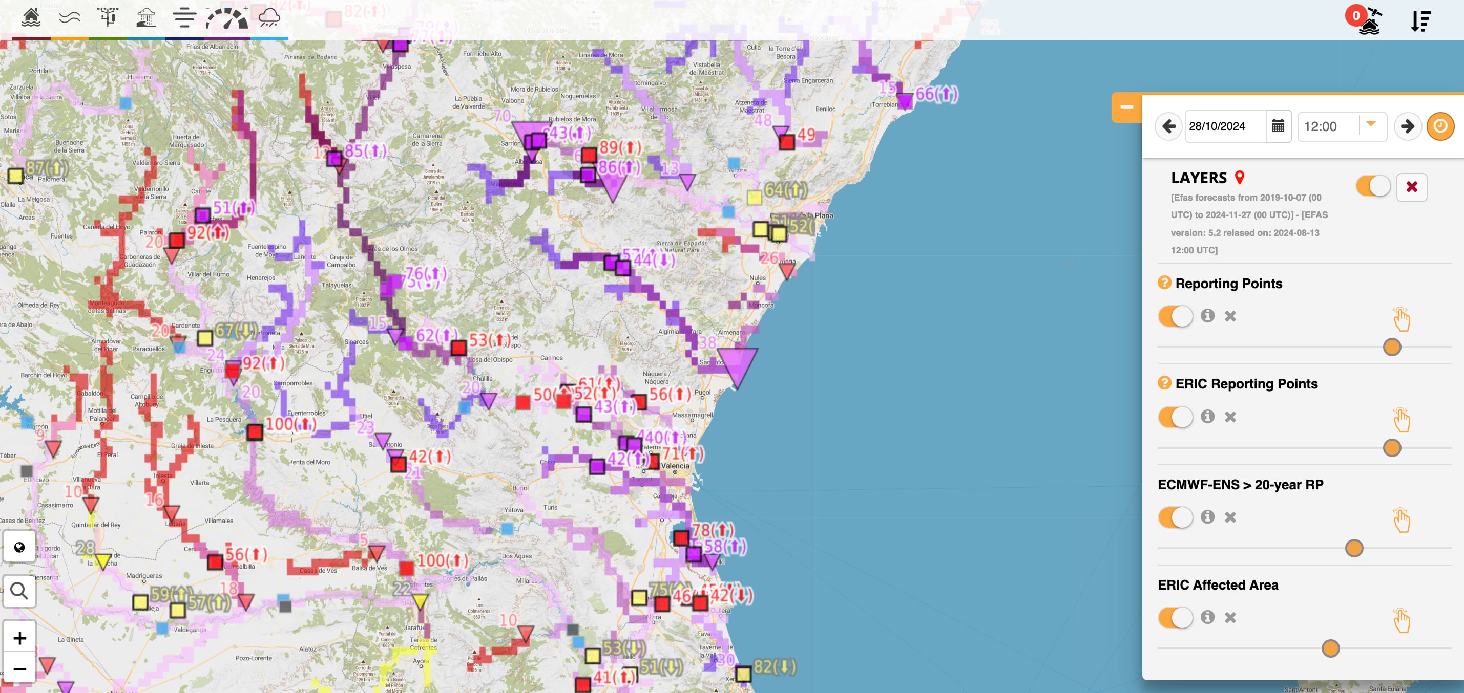 Captura del mapa de EFAS actualizado al mediodía del 28 de octubre. <b><a href=