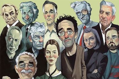 De izquierda a derecha, los escritores Gabriel García Márquez, Emily Dickinson, Roberto Bolaño, Fleur Jaeggy y Juan Villoro (primera fila); J. M. Coeetze y John Berger (segunda fila), y Nicanor Parra, Edward Said, Fernando Vallejo, Noam Chomsky y Mario Vargas Llosa (tercera fila), vistos por Fernando Vicente.