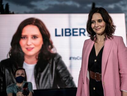 Isabel Díaz Ayuso, durante el acto del cierre de campaña celebrado en Madrid este domingo.