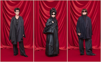 De izquierda a derecha, Linda Loppa, Diane Pernet y Cathy Horyn, en el desfile de Balenciaga en la semana de la moda de París, el 1 de octubre de 2023.