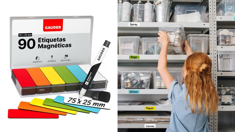 Etiquetas magnéticas reutilizables disponibles en varios colores.