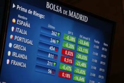 Panel informativo de este miércoles de la Bolsa de Madrid que muestra los valores de la prima de riesgo en varios países de la zona euro.