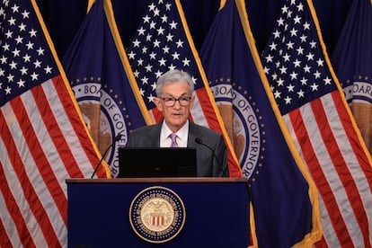 El presidente de la Reserva Federal de Estados Unidos, Jerome Powell, durante la rueda de prensa del pasado 31 de julio.