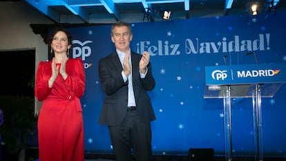 Isabel Díaz Ayuso y Alberto Núñez Feijóo el 16 de diciembre en la cena de Navidad del PP de Madrid en Mejorada del Campo.