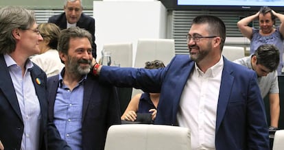 El concejal de Ahora Madrid, Carlos Sánchez Mato con Mauricio Valiente y Marta Higueras.
