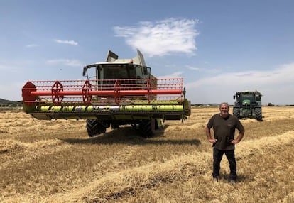 El agricultor Carlos Abendaño, tras recolectar trigo Harmony en una de sus tierras.